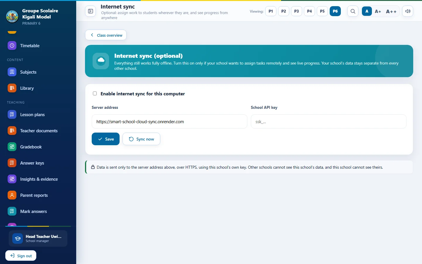 Internet sync settings in Smart School App