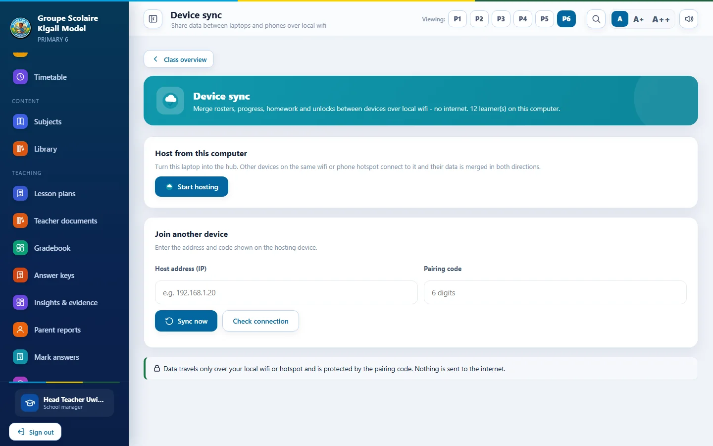 Device sync screen in Smart School App
